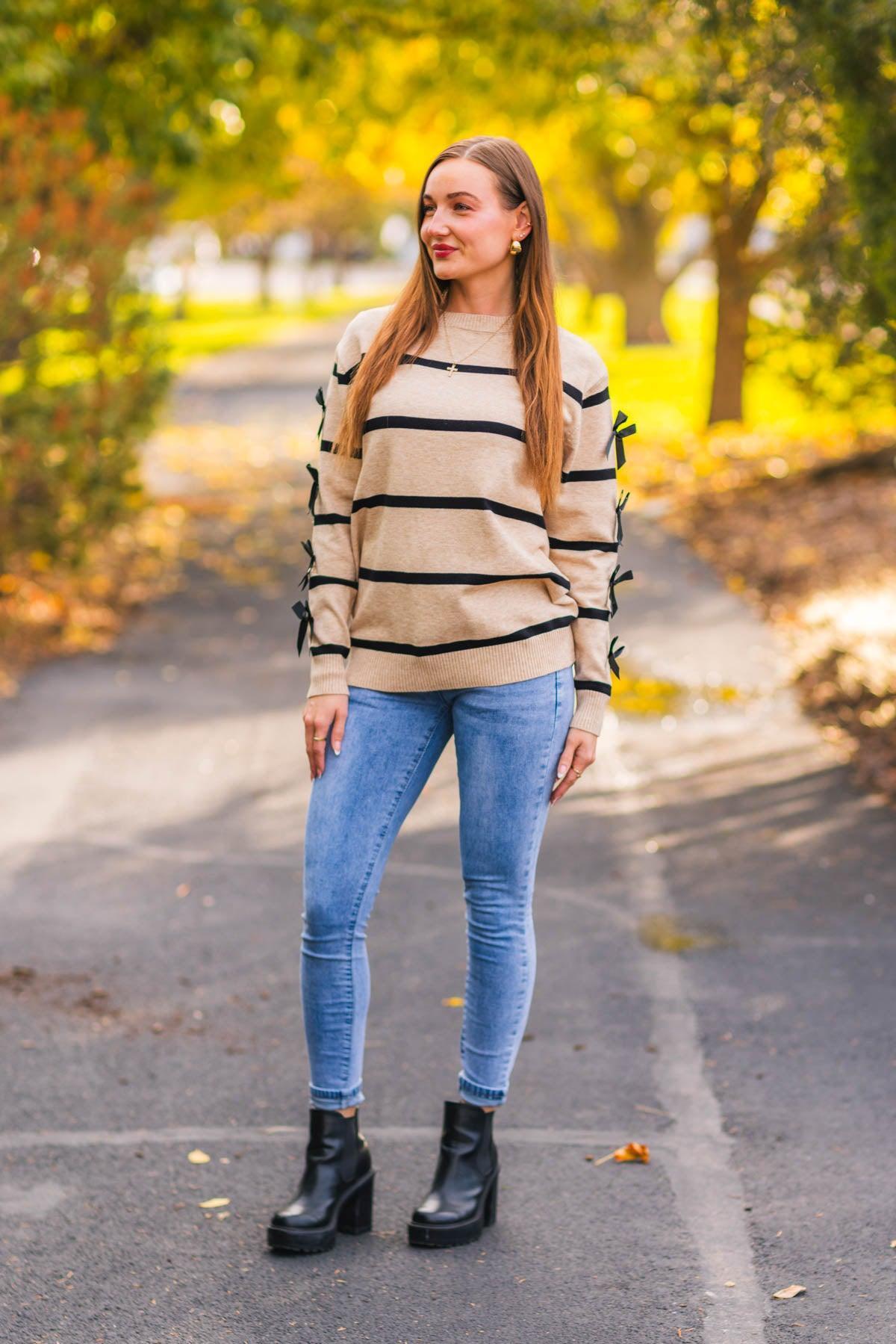 Mom & Me - Striped Bow Sweater & Denim Pant Set