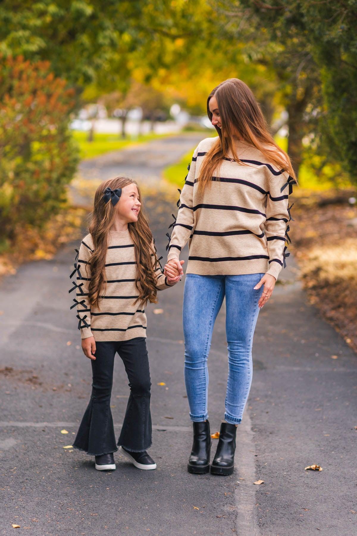 Mom & Me - Striped Bow Sweater & Denim Pant Set