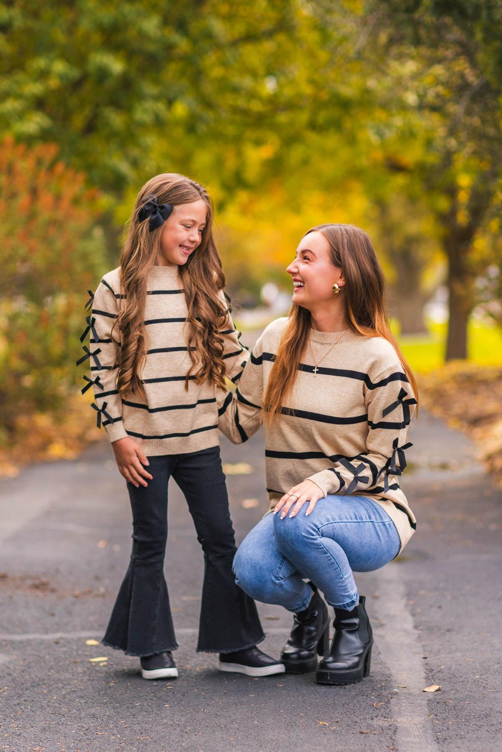 Mom & Me - Striped Bow Sweater & Denim Pant Set