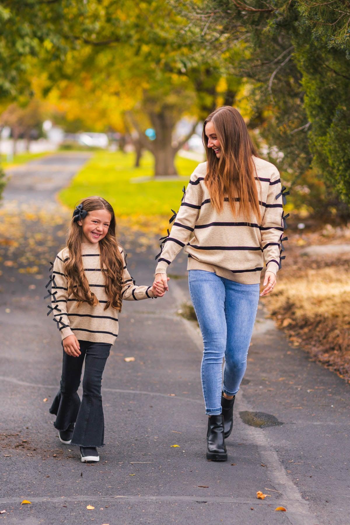 Mom & Me - Striped Bow Sweater & Denim Pant Set