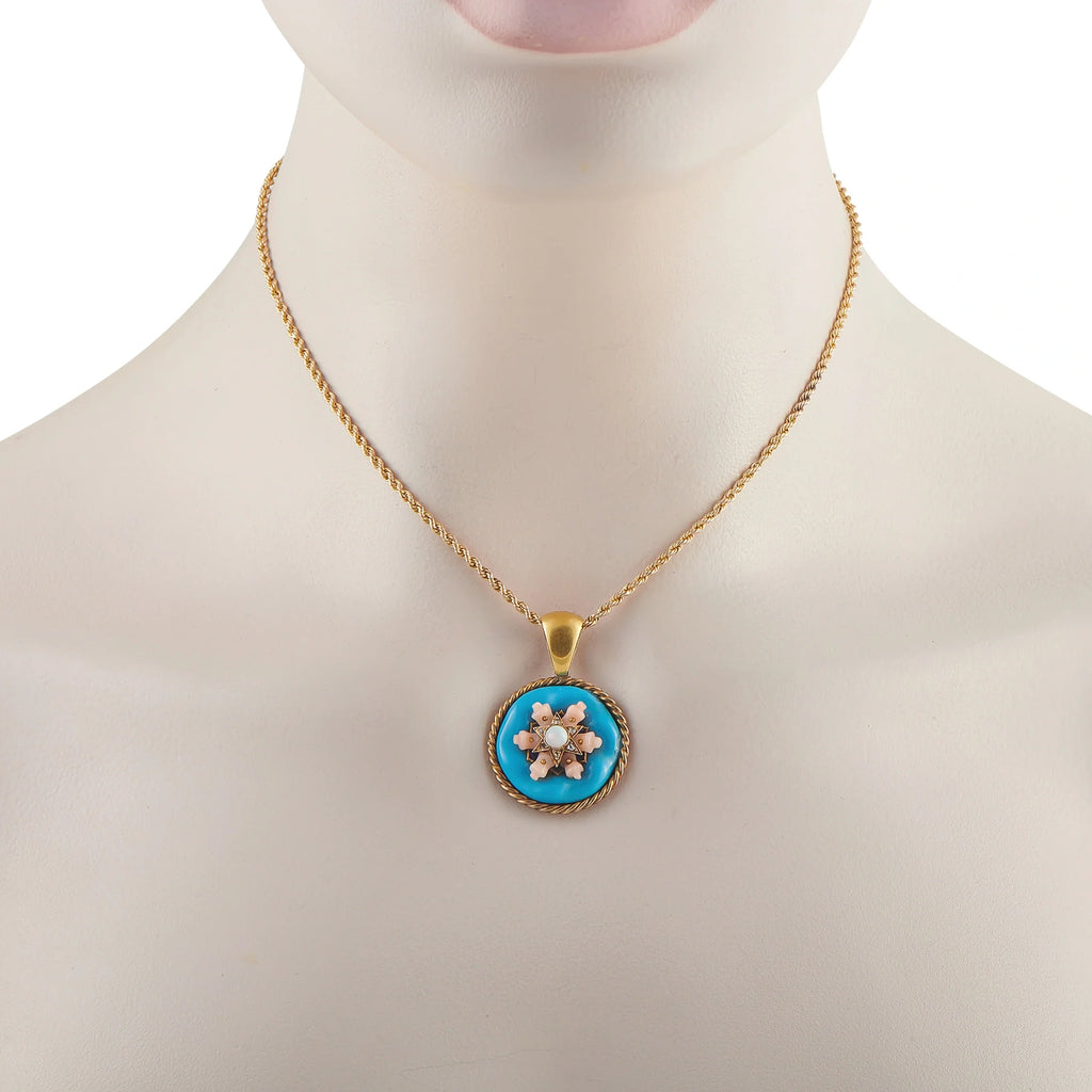 LB Exclusive Antique 14K Yellow Gold Turquoise and Coral Necklace MF24-080326