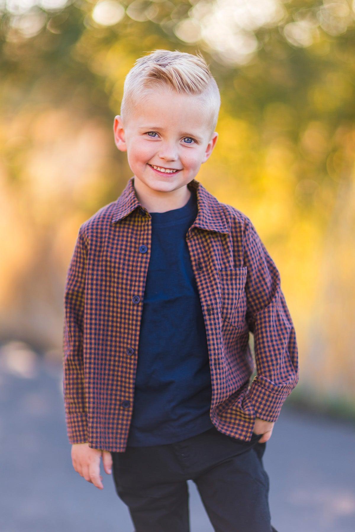 Family Navy Velvet Dress & Brown Gingham Button Down