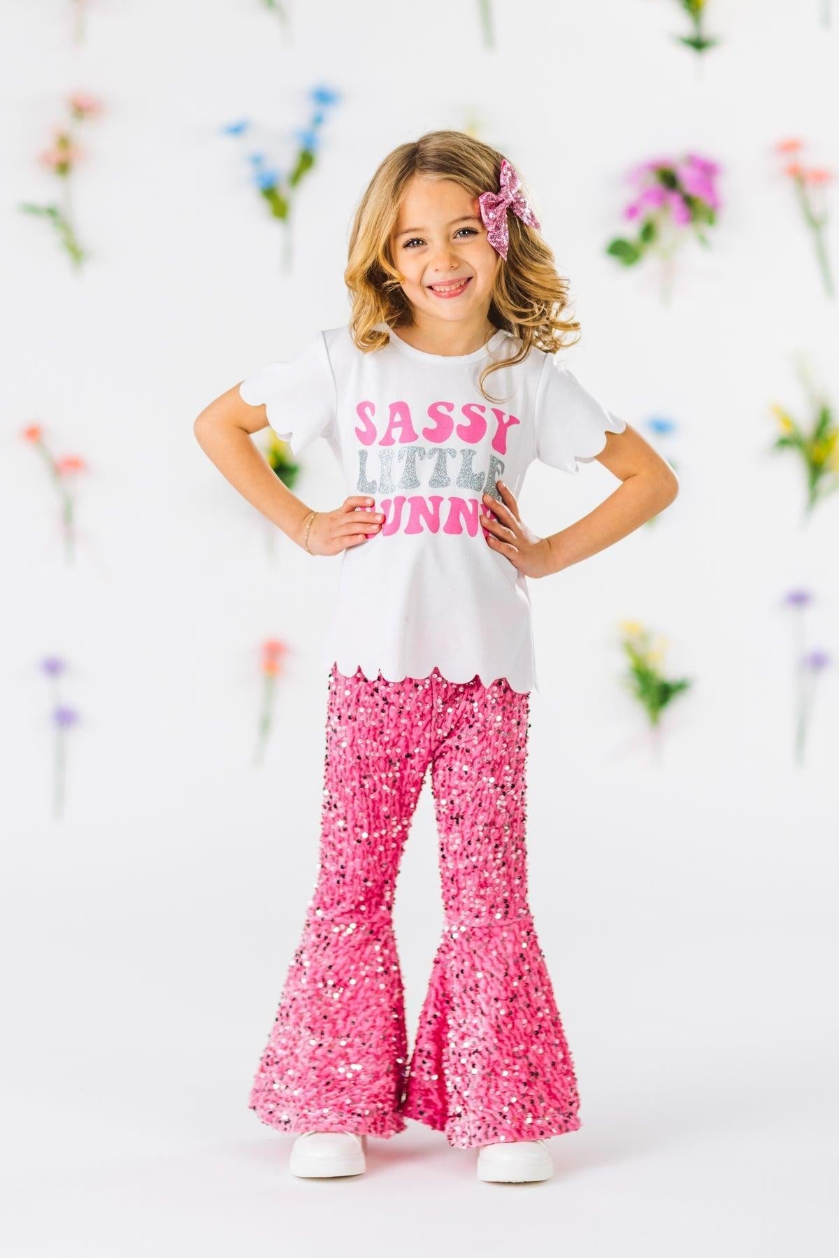 "Sassy Little Bunny" Pink Sequin Bell Bottom Set