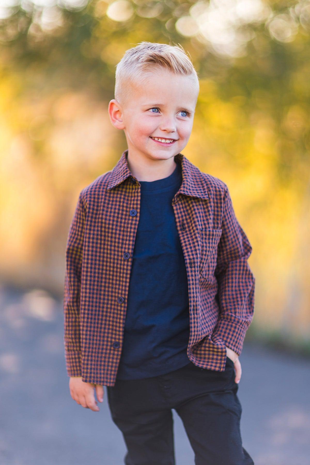 Family Navy Velvet Dress & Brown Gingham Button Down