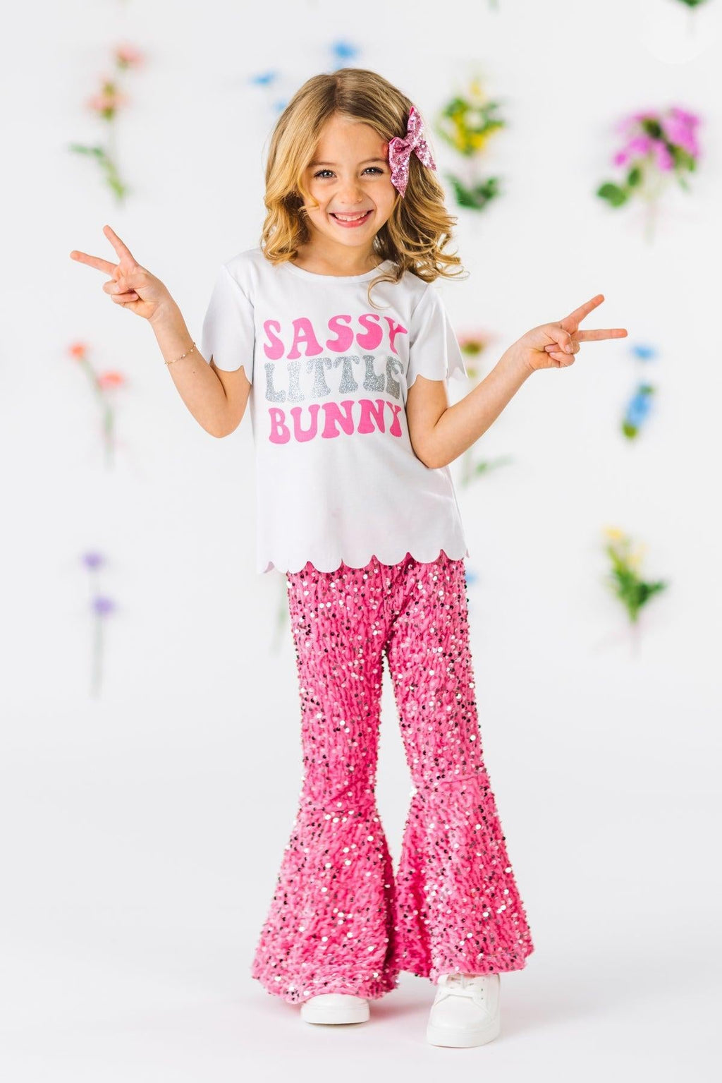 "Sassy Little Bunny" Pink Sequin Bell Bottom Set