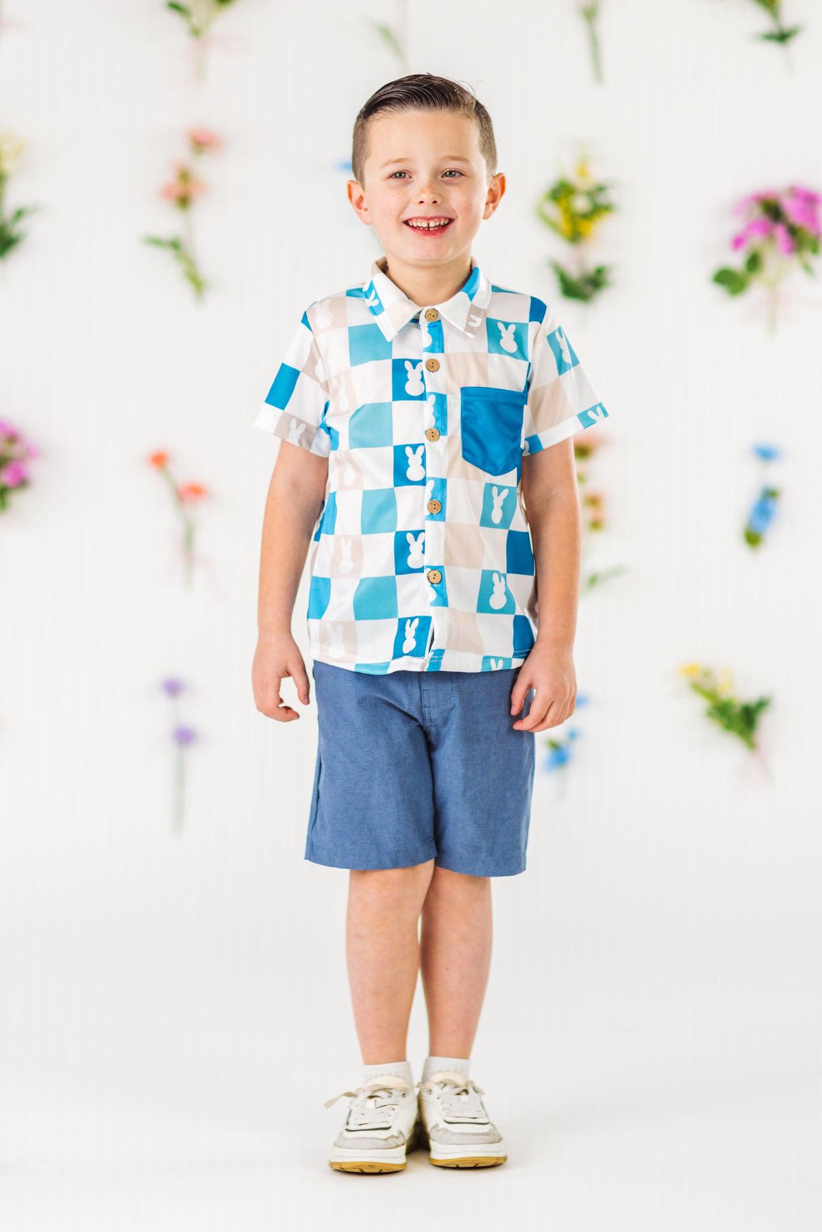 Blue Checkered Bunny Button Down