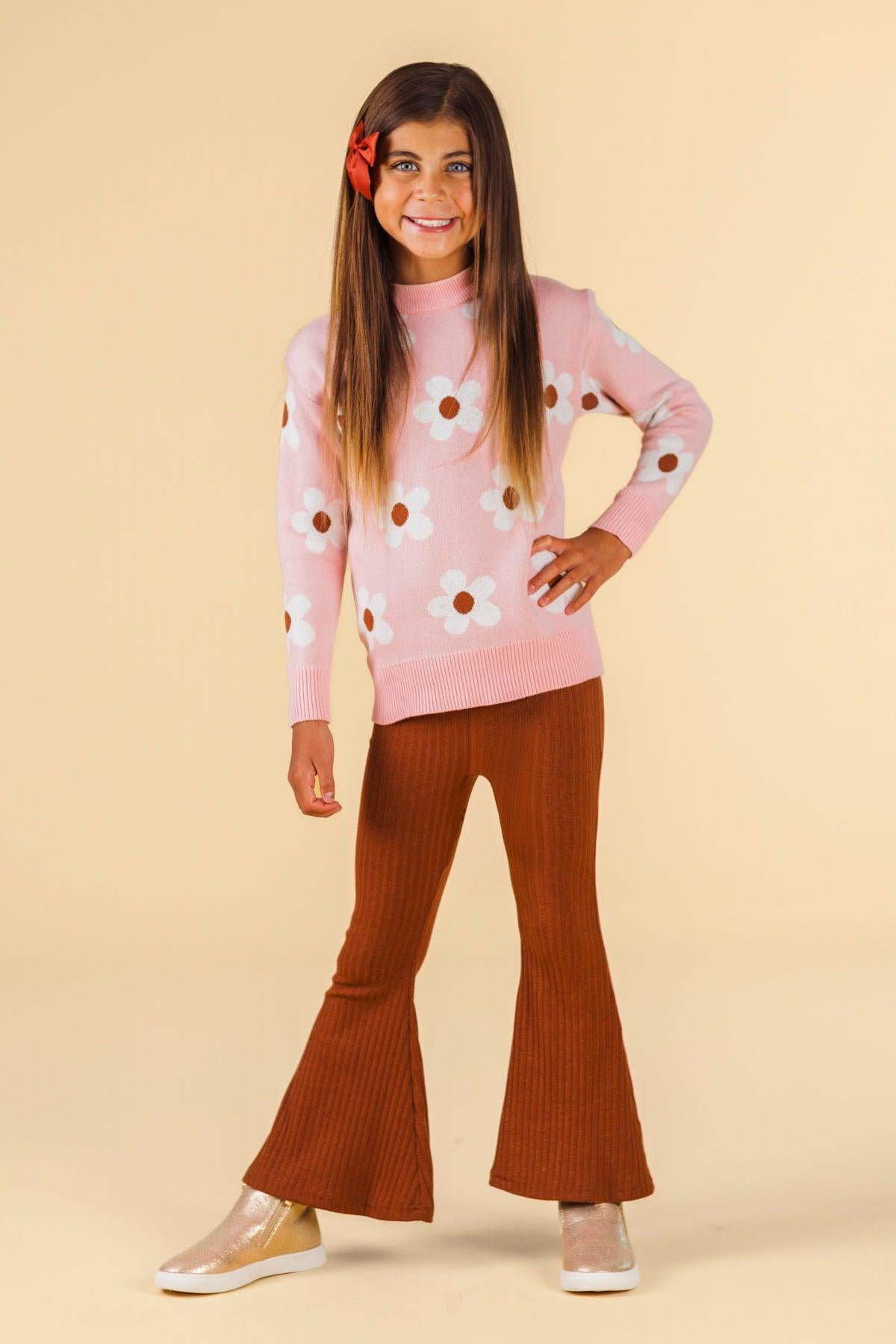 Pink Flower Sweater Bell Bottom Set
