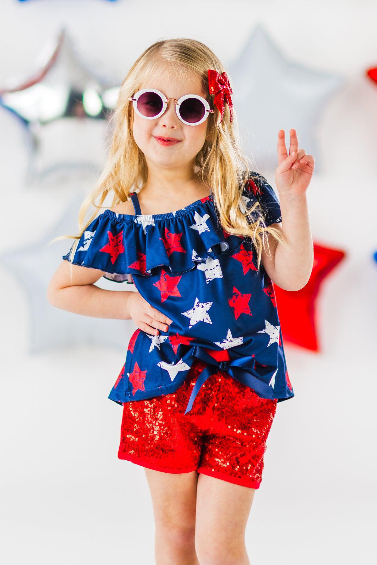 Navy & Red Stars Sequin Short Set