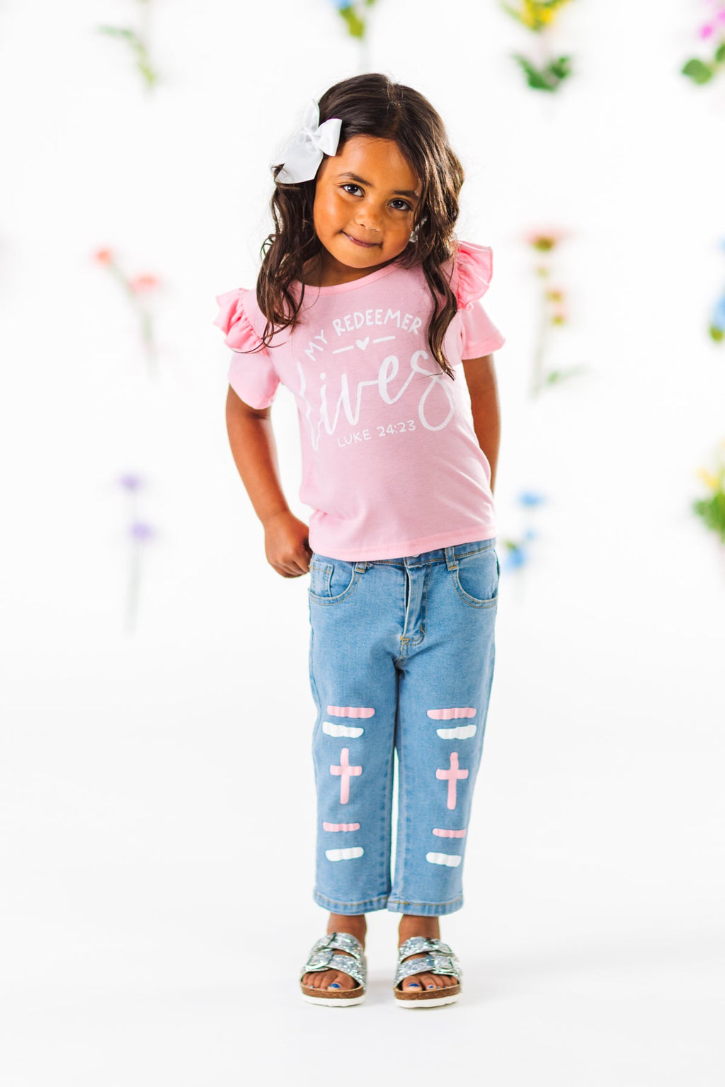 "My Redeemer Lives" Pink Denim Pant Set