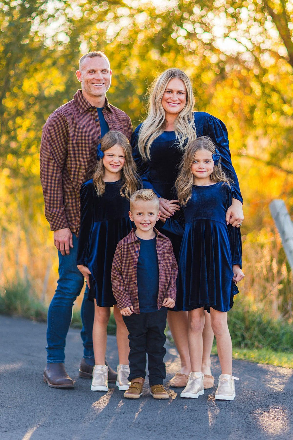 Family Navy Velvet Dress & Brown Gingham Button Down