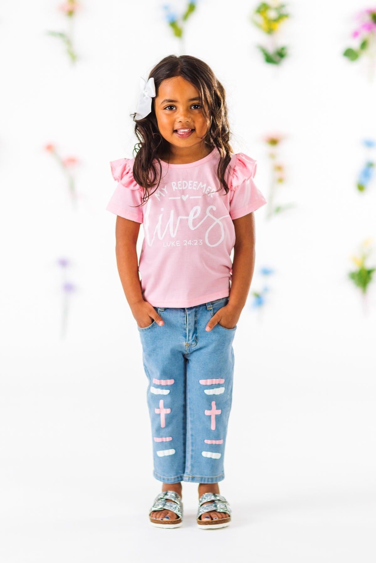 "My Redeemer Lives" Pink Denim Pant Set