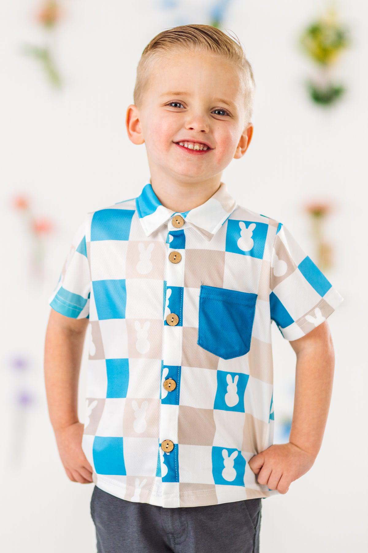 Blue Checkered Bunny Button Down