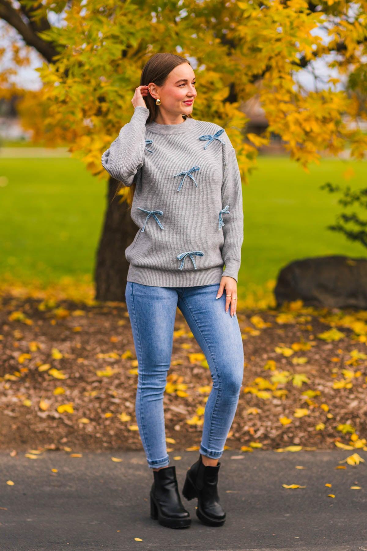 Mom & Me - Gray Bow Knit Sweater & Denim Pant Set