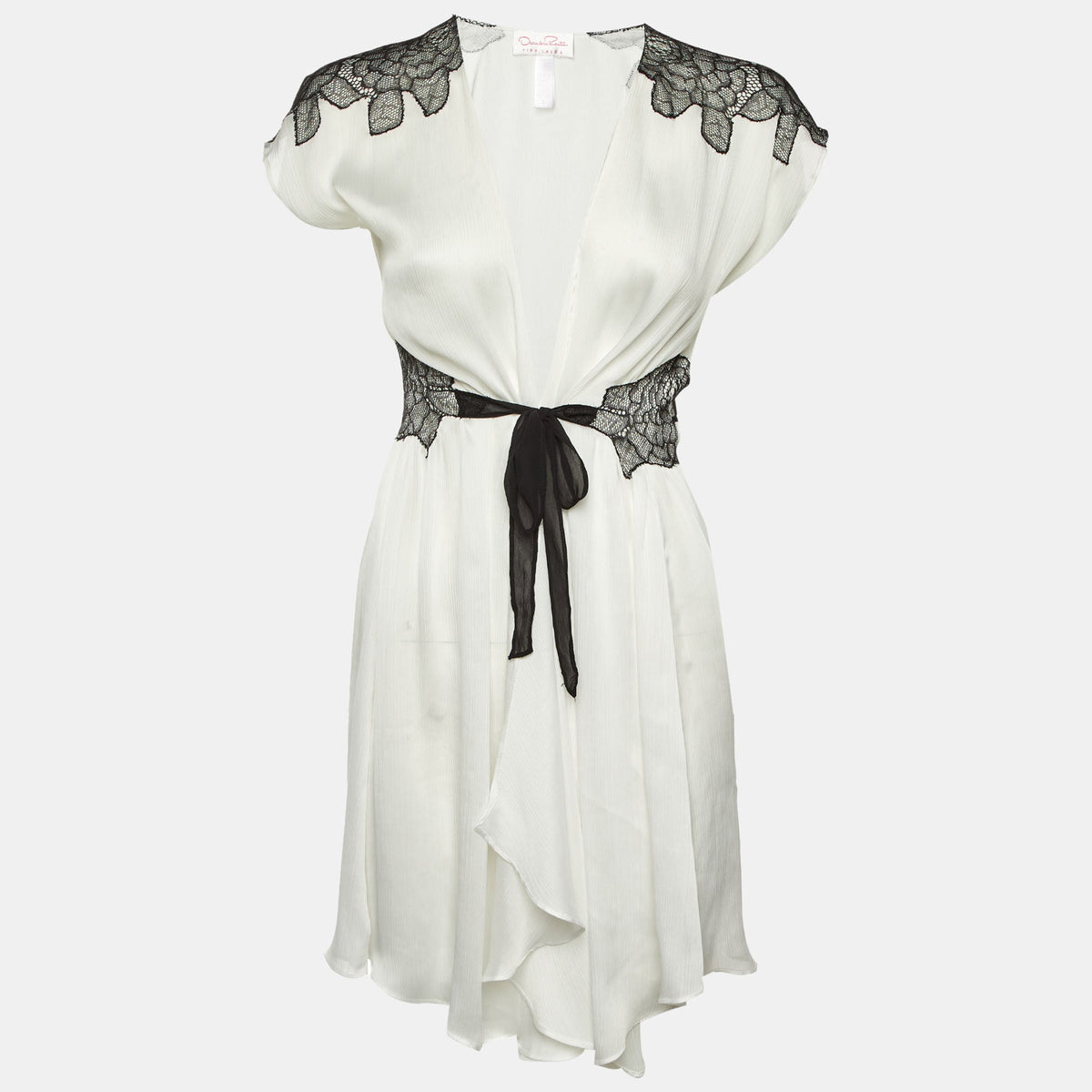 Oscar De La Renta Pink Label White Chiffon Lace Trim Robe