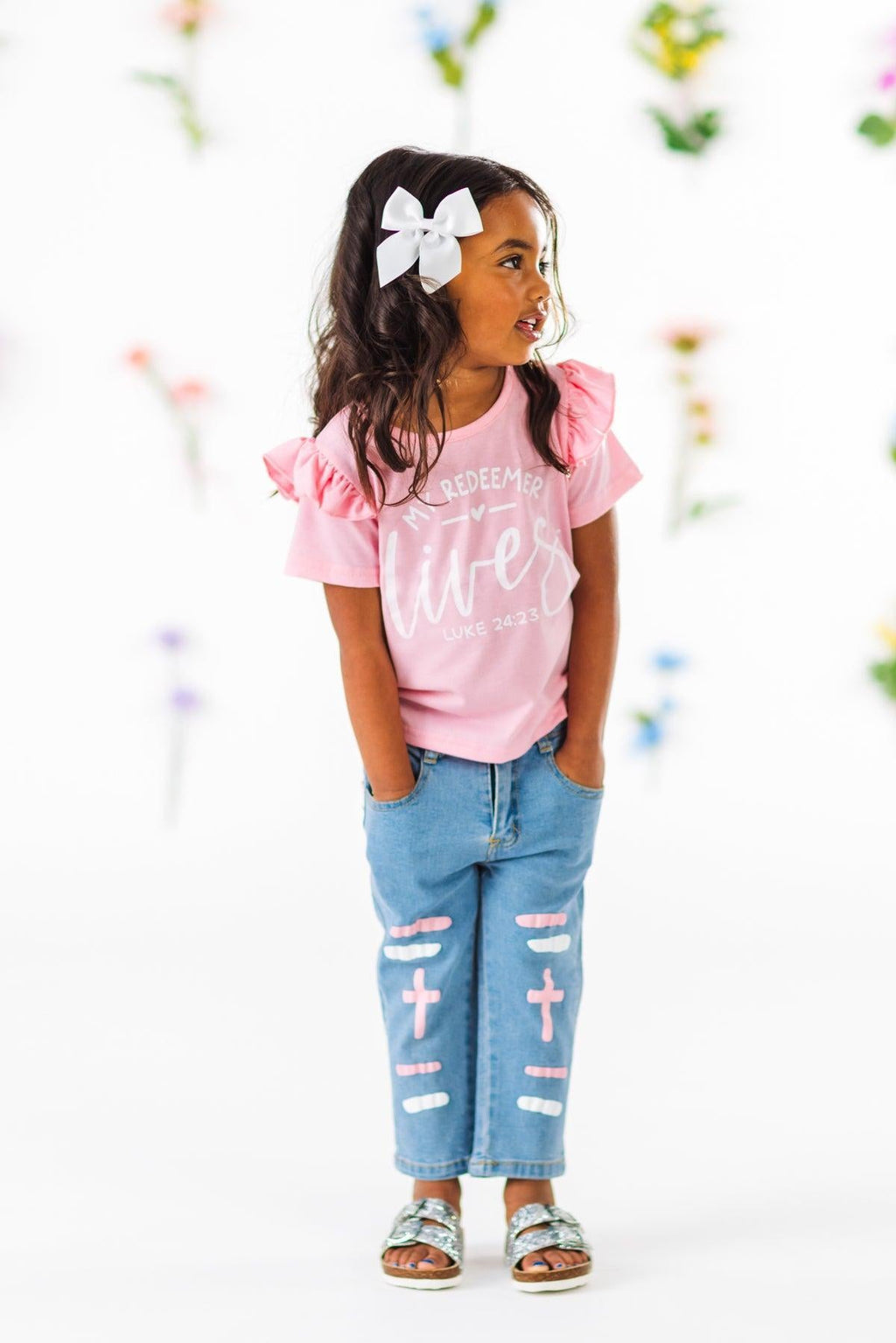 "My Redeemer Lives" Pink Denim Pant Set