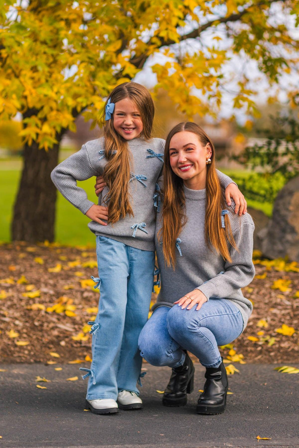 Mom & Me - Gray Bow Knit Sweater & Denim Pant Set