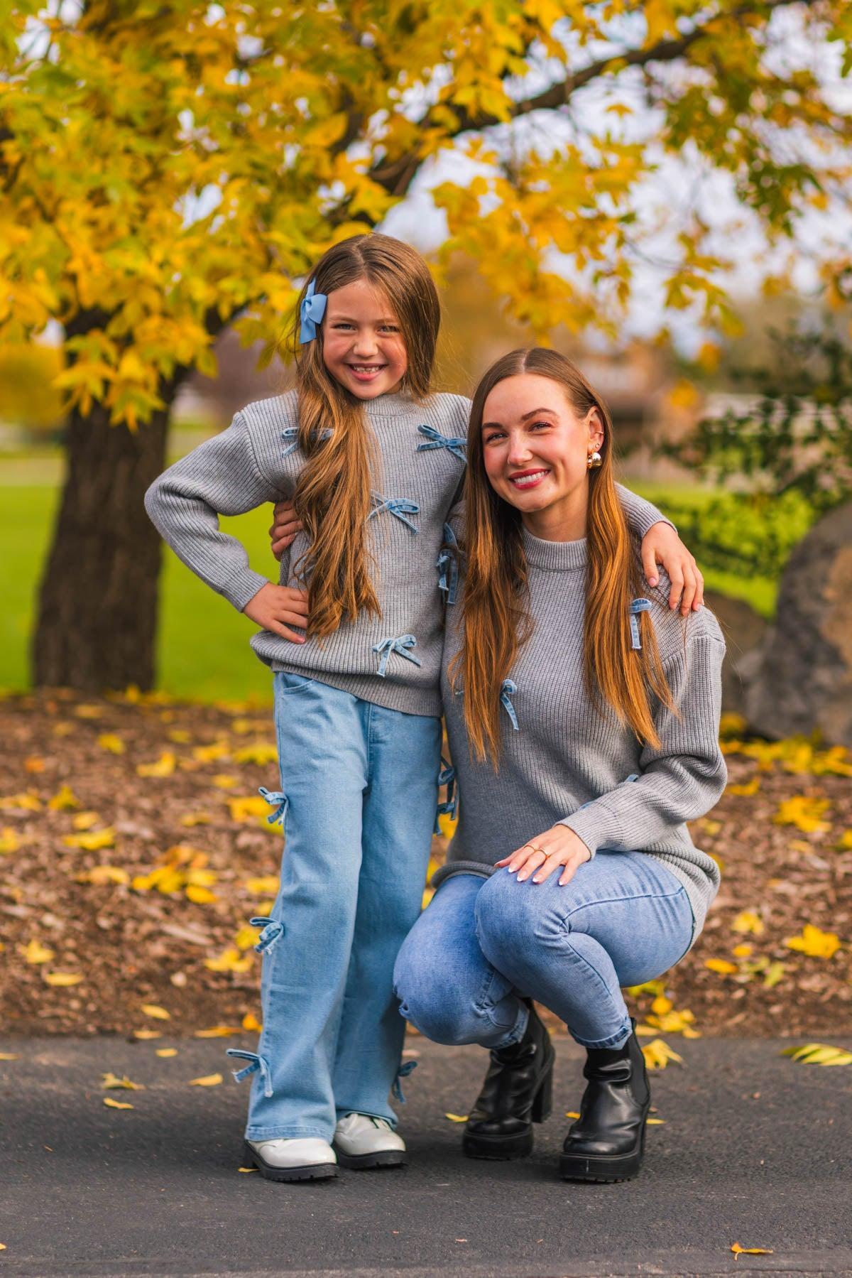 Mom & Me - Gray Bow Knit Sweater & Denim Pant Set