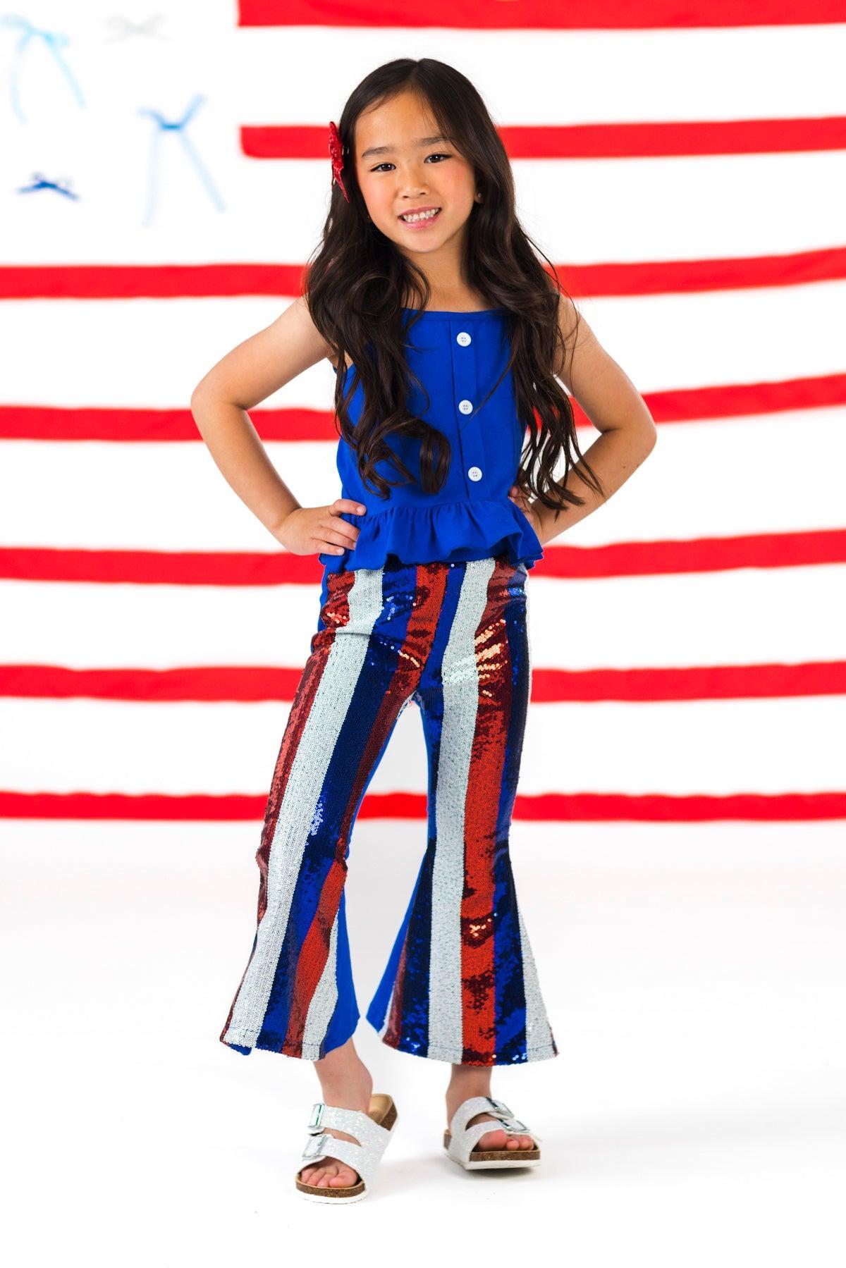 Blue Striped Sequin Bell Bottom Set