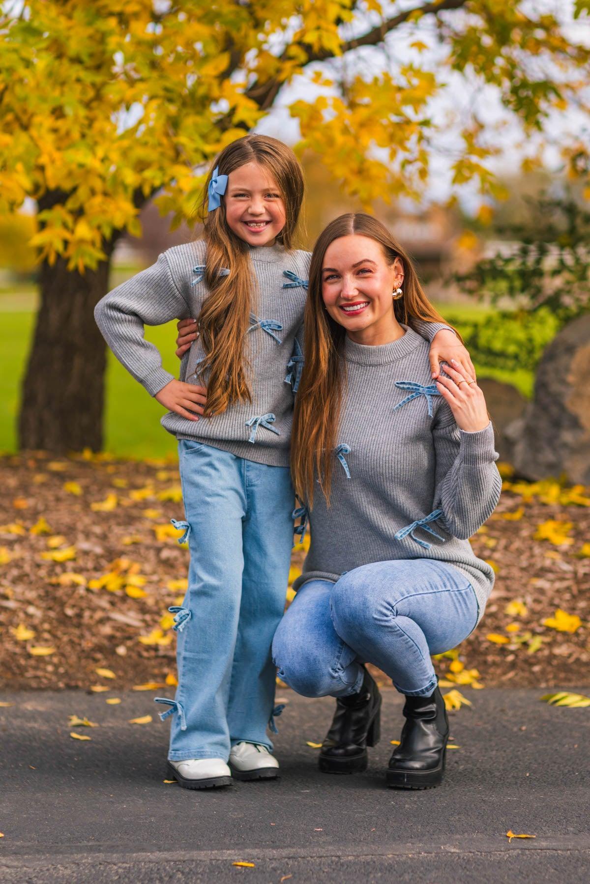 Mom & Me - Gray Bow Knit Sweater & Denim Pant Set