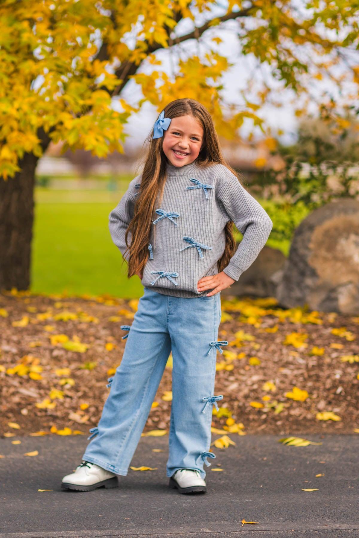 Mom & Me - Gray Bow Knit Sweater & Denim Pant Set