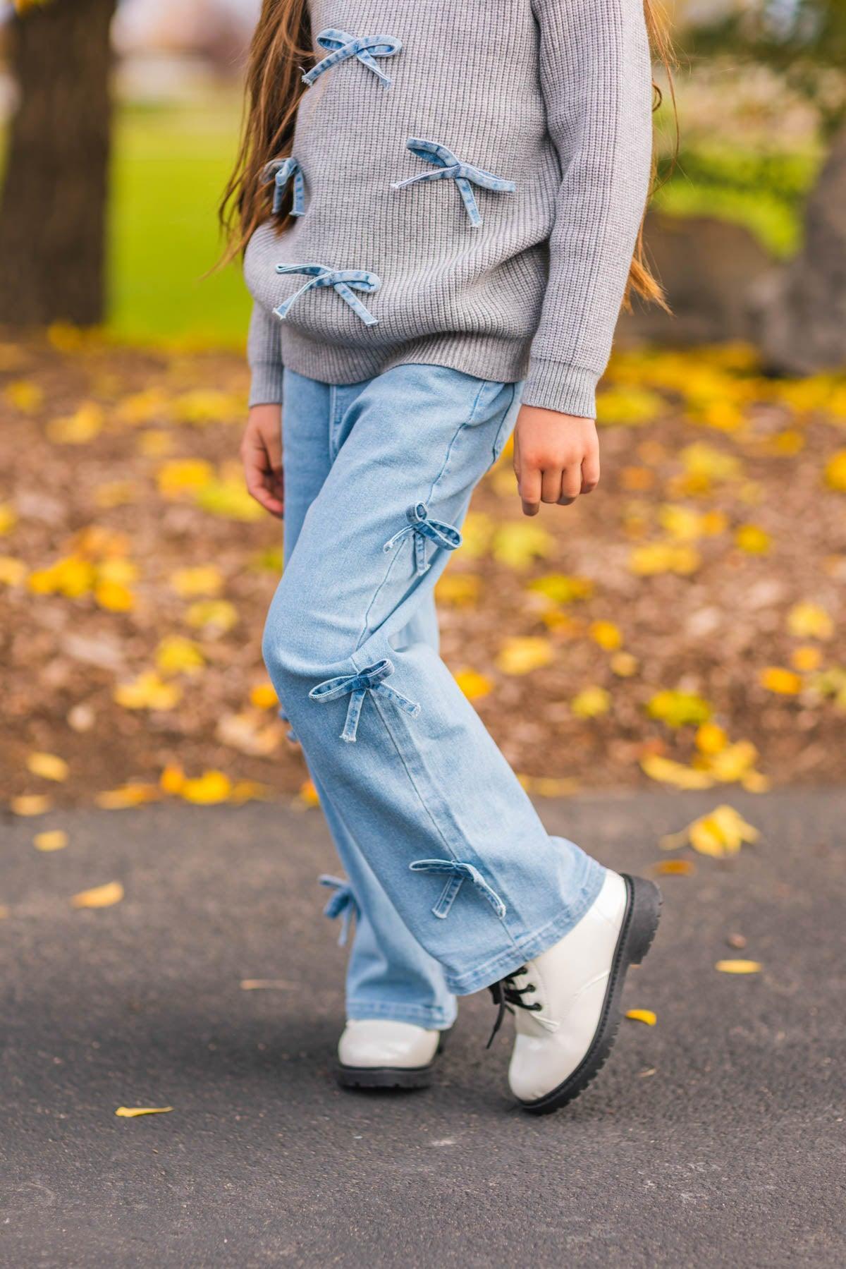 Mom & Me - Gray Bow Knit Sweater & Denim Pant Set