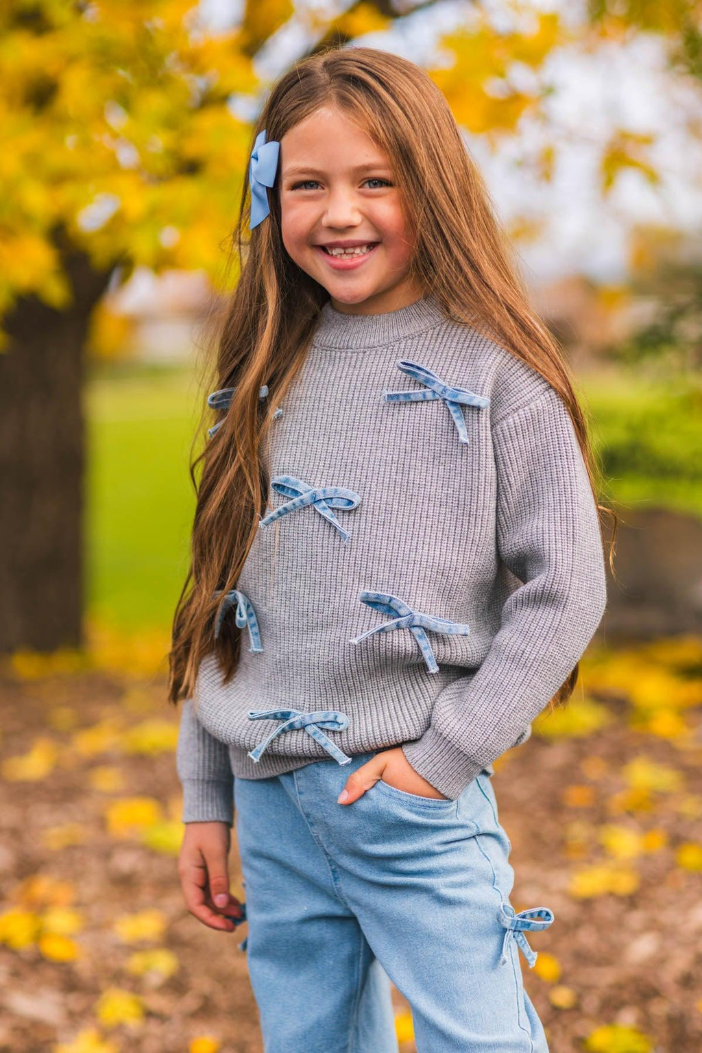 Mom & Me - Gray Bow Knit Sweater & Denim Pant Set