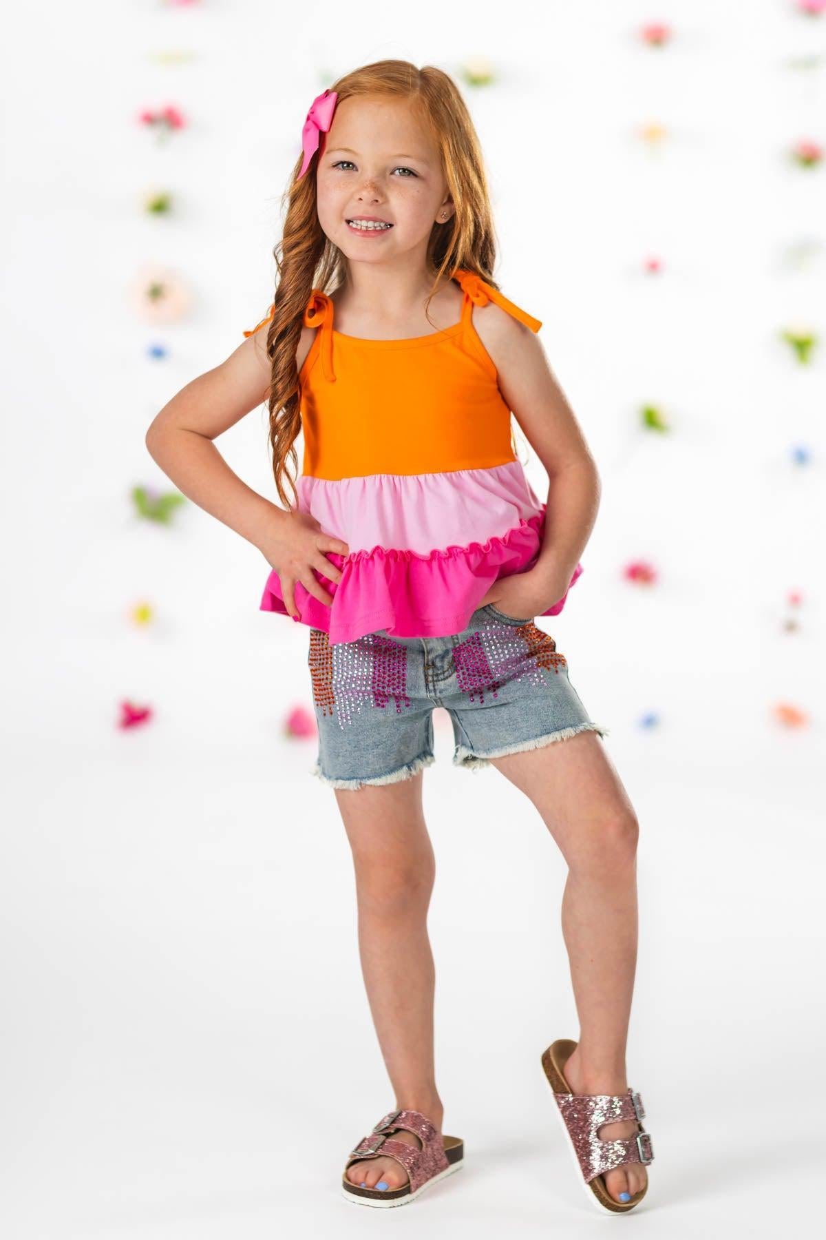 Pink & Orange Denim Short Set