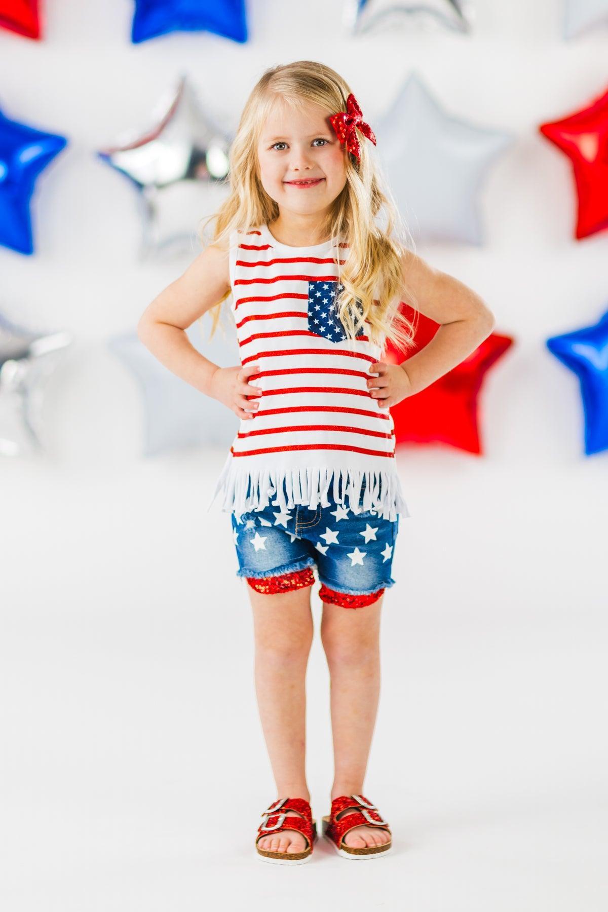 American Flag Glitter Star Denim Short Set