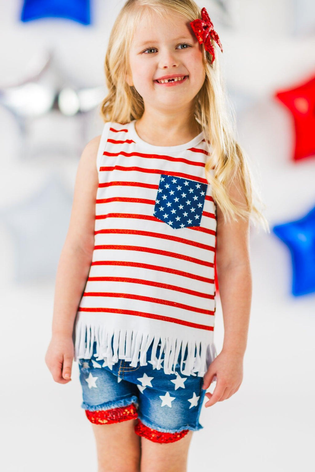 American Flag Glitter Star Denim Short Set