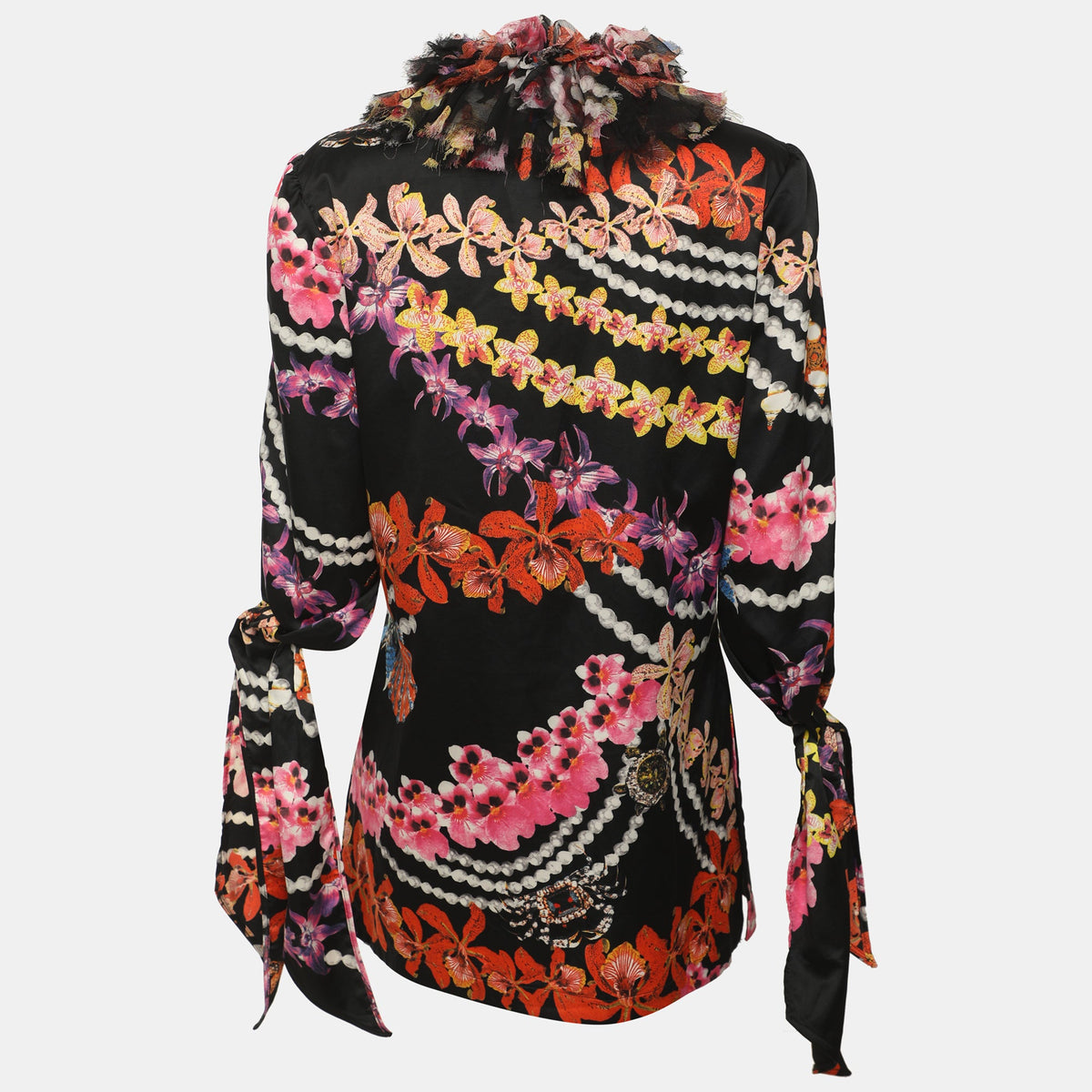 Just Cavalli Multicolor Printed Satin Ruffled Neck Blouse