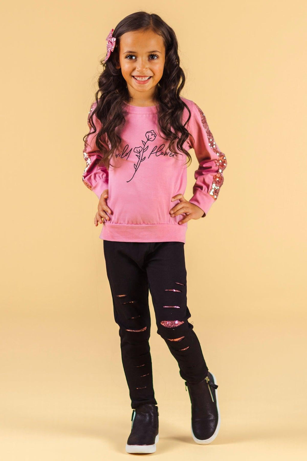 "Wild Flower" Pink Distressed Legging Set