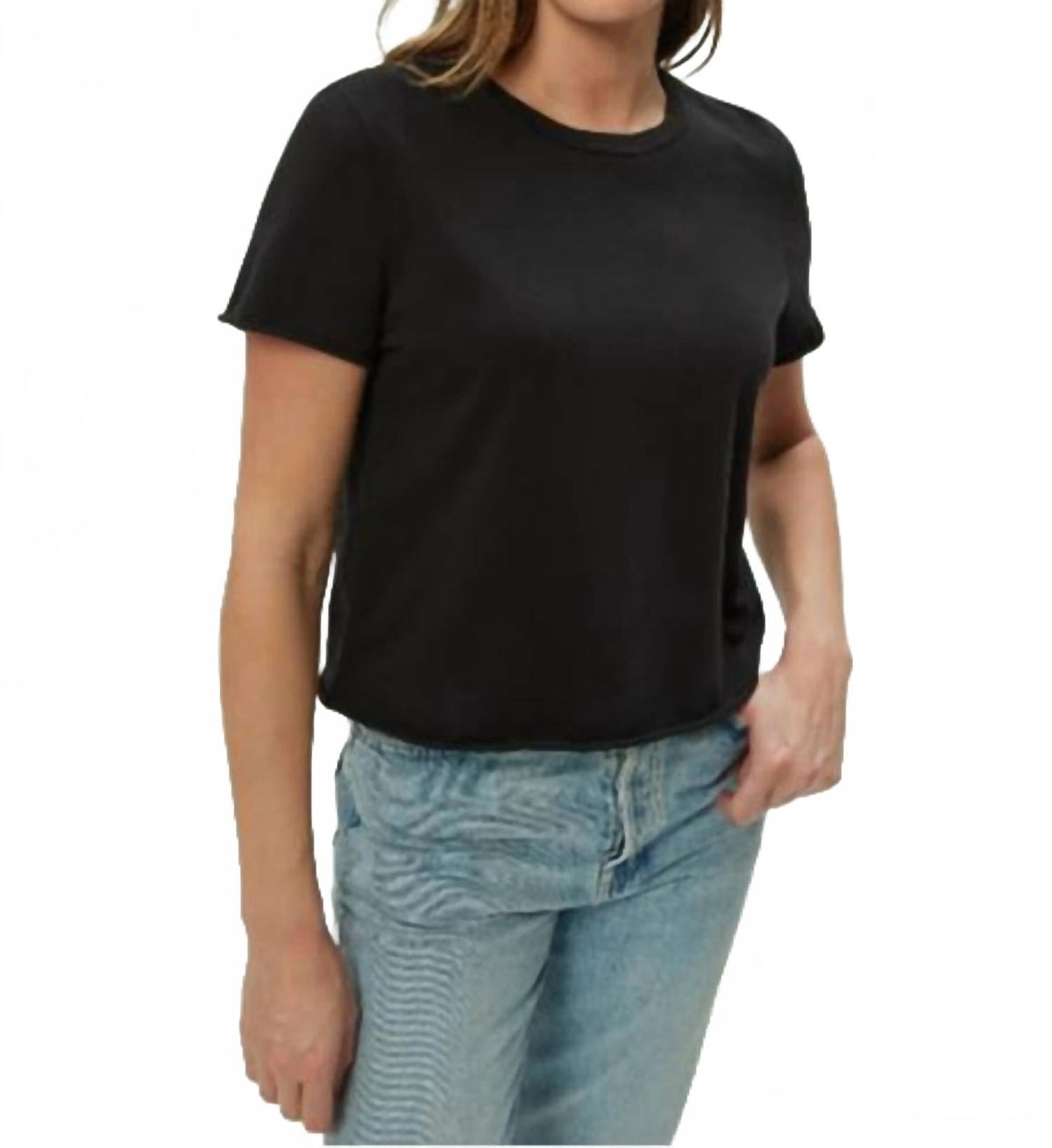 Jackie Raw Edge Short Sleeve Daily Crew Tee In Black