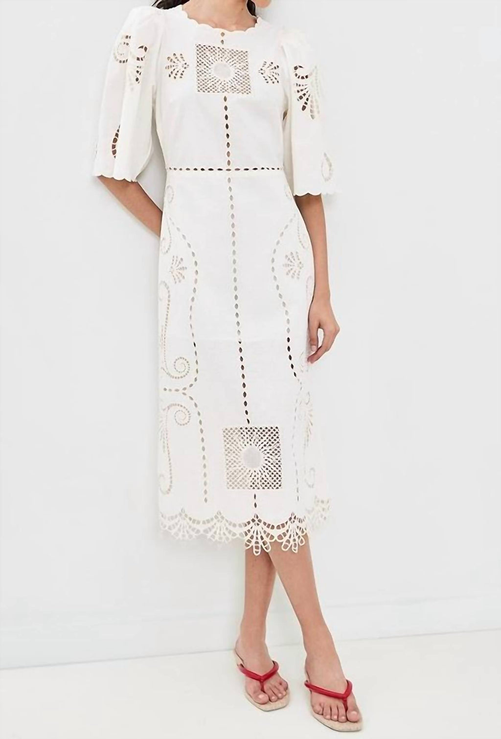 Valentina Cutout Embroidery Midi Dress In Off White