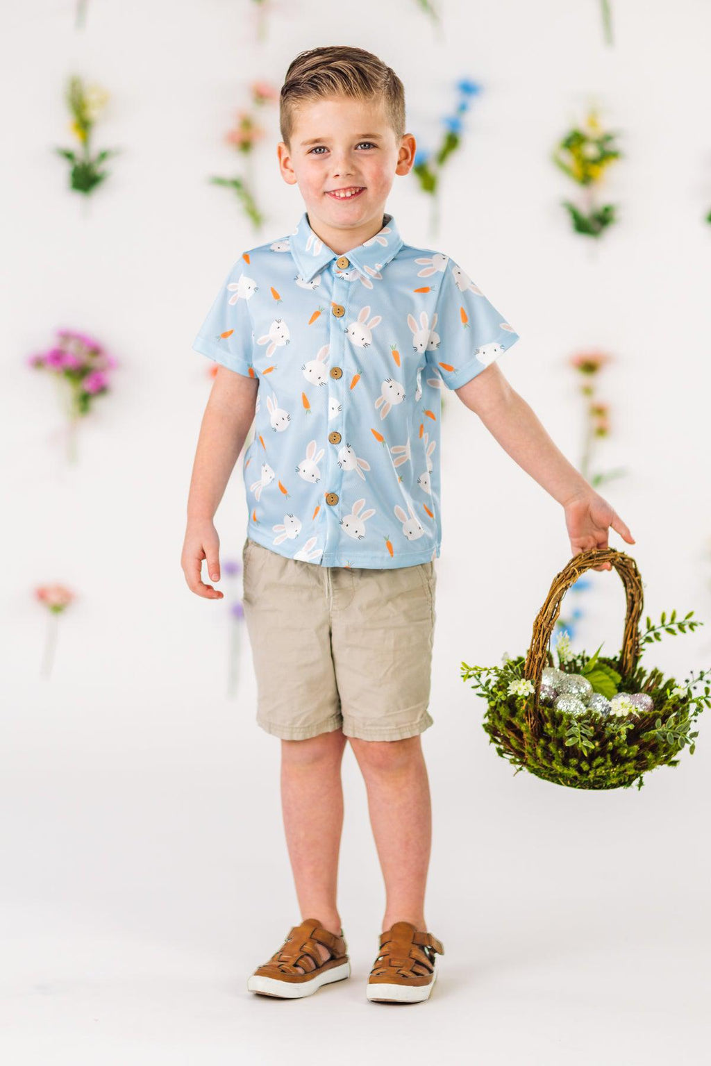 Light Blue Bunny & Carrot Button Down