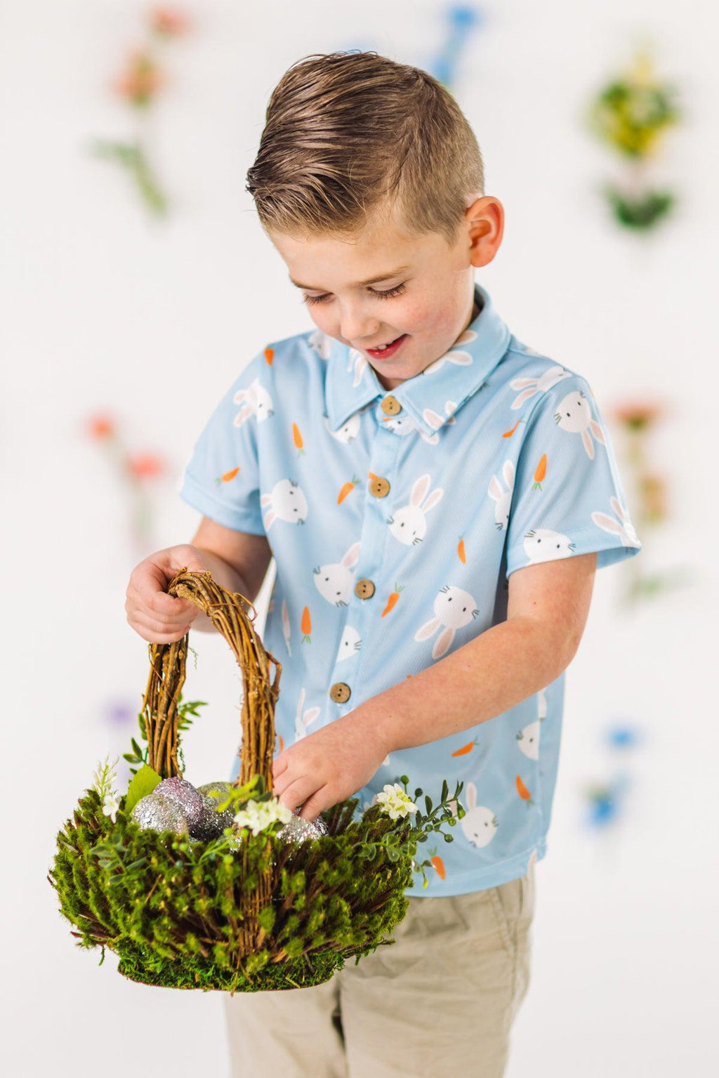 Light Blue Bunny & Carrot Button Down