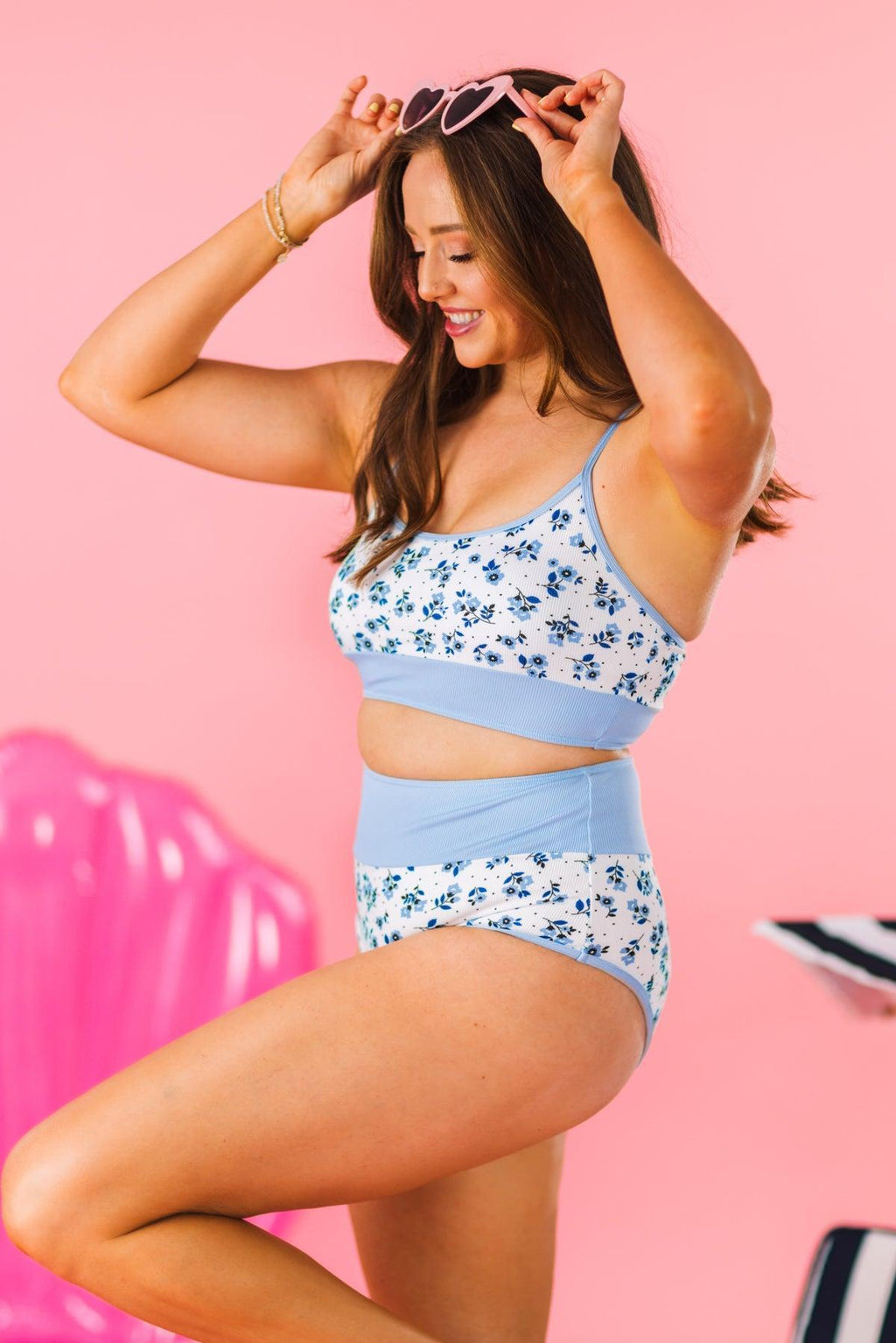 Mom & Me - Blue & White Ribbed Floral Bikini