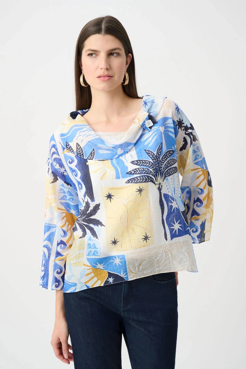 Cowl Neck Tropical Print Top In Vanilla/multi