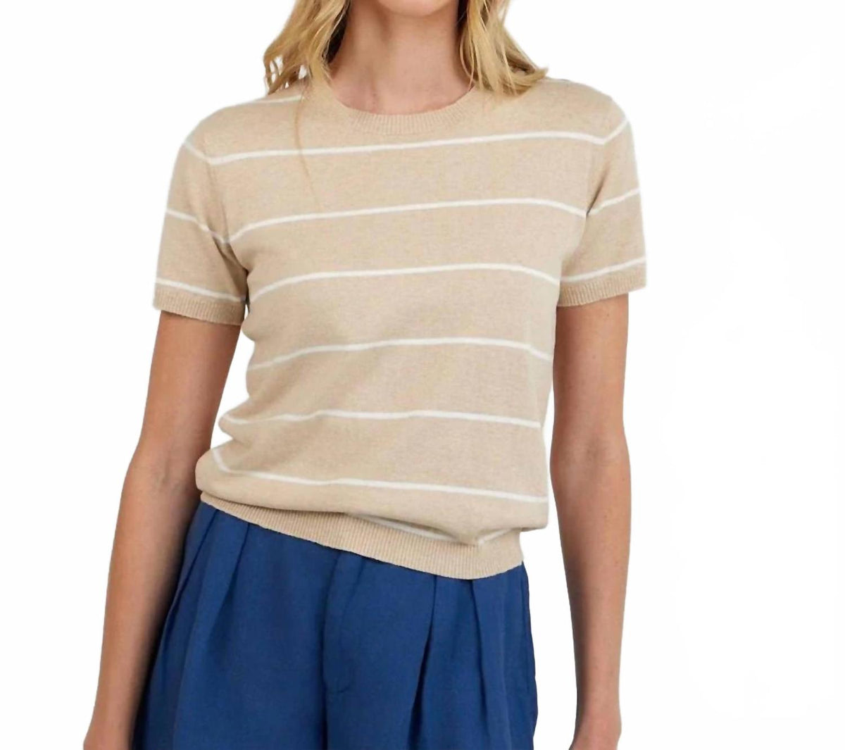 Women's Short Sleeve Crew Neck Knit Top In Sand Bar Stripe