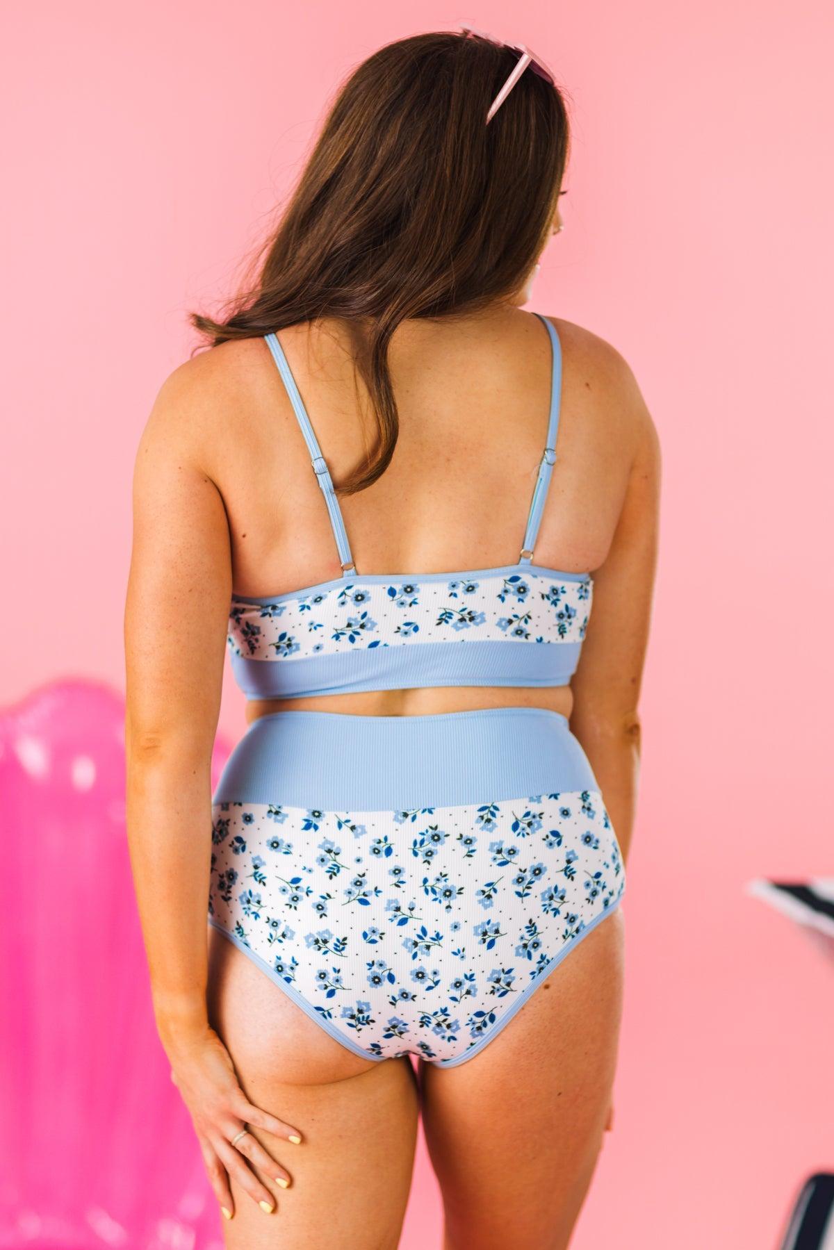 Mom & Me - Blue & White Ribbed Floral Bikini