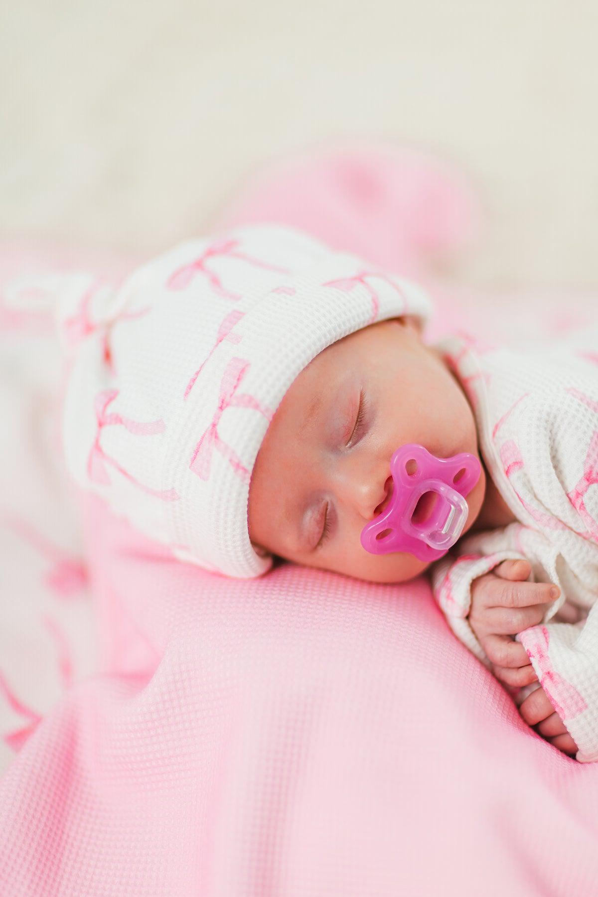 Newborn Baby Blushing Bows Waffle Knit Knot Gown & Hat Set