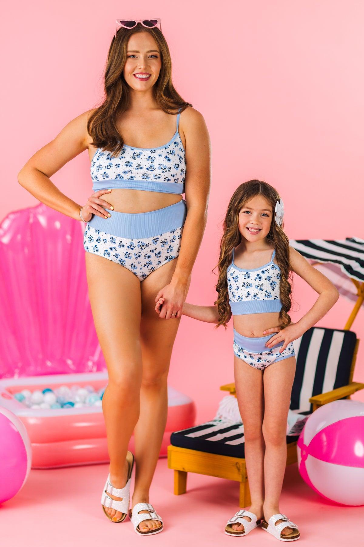 Mom & Me - Blue & White Ribbed Floral Bikini