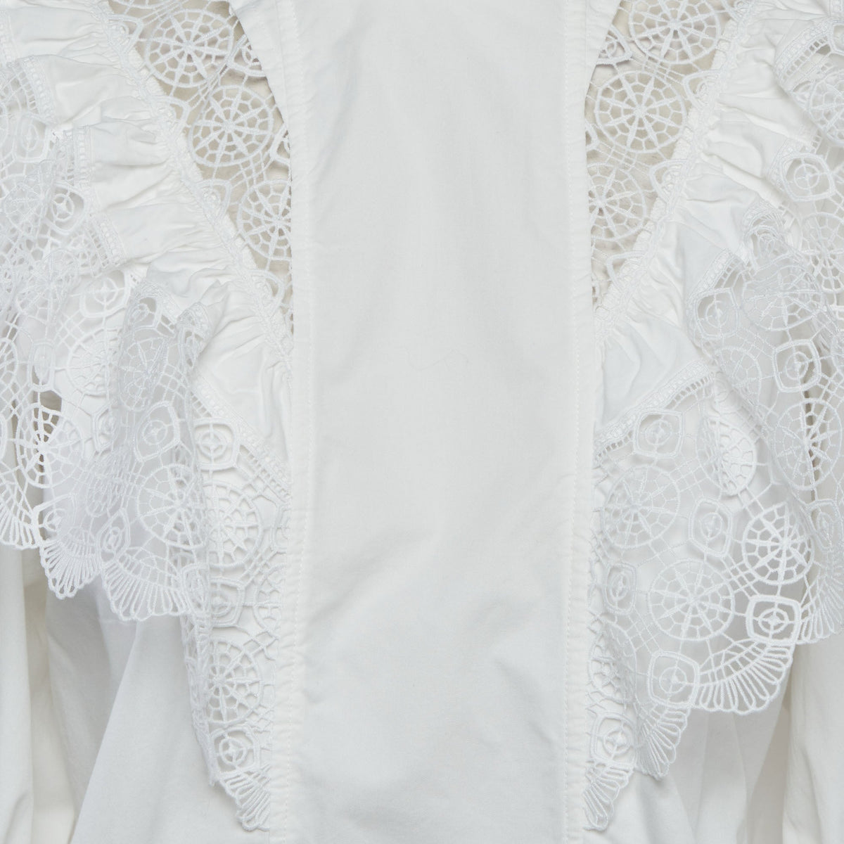 Ganni White Cotton And Lace Trim Ruffled High Neck Blouse