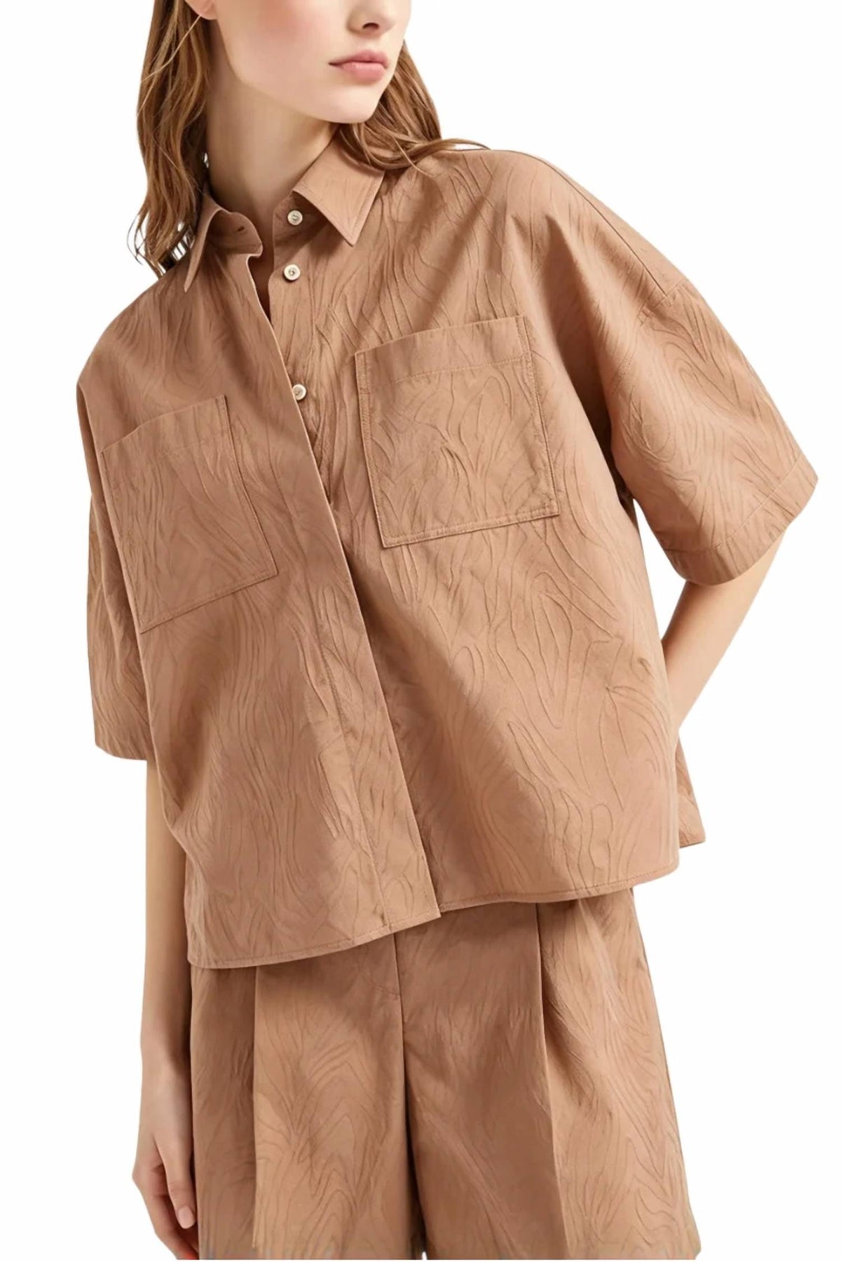 Jacquard Poplin Shirt In Camel