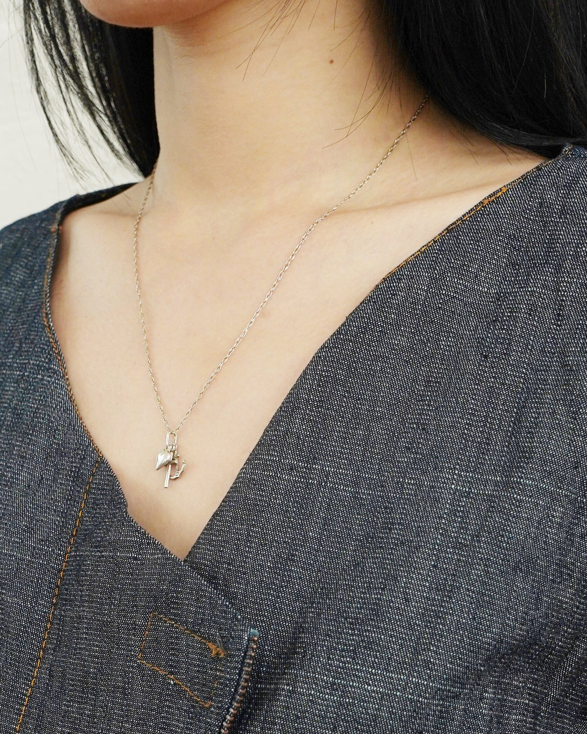 Silver Chain Necklace w/ Heart, Cross & Anchor Charm