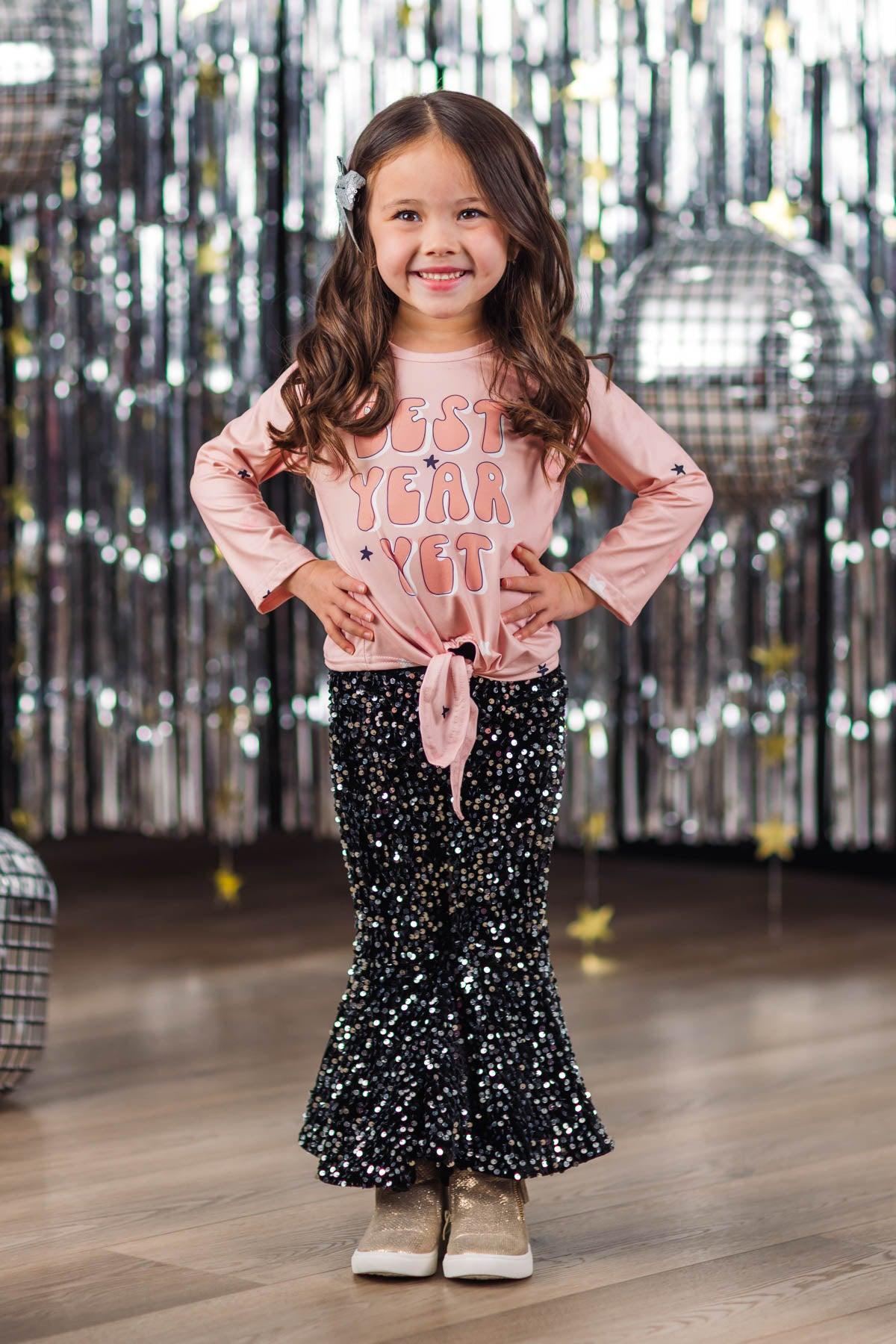 "Best Year Yet" Pink & Black Sequin Bell Bottom Set