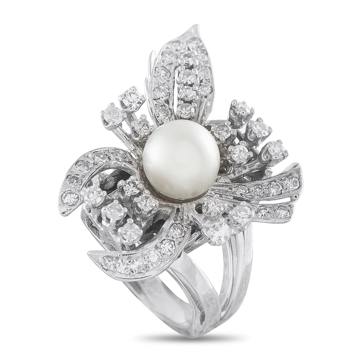 LB Exclusive Vintage 14K White Gold 1.0ct Diamond and Pearl Floral Cocktail Ring MF11-063026