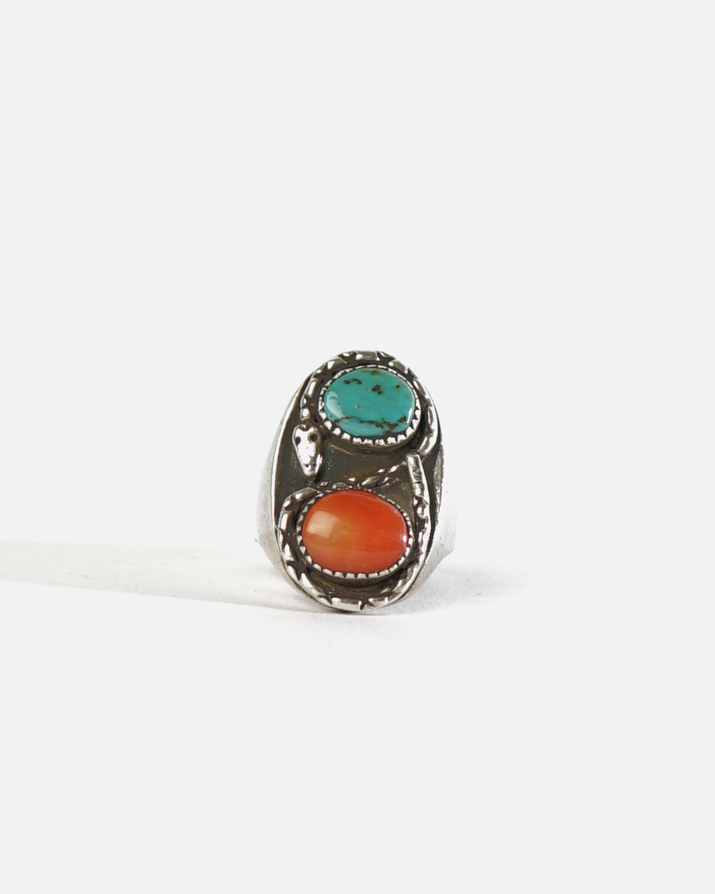 NAVAJO Silver x Turquoise / Red Coral Cast Ring / size: 13