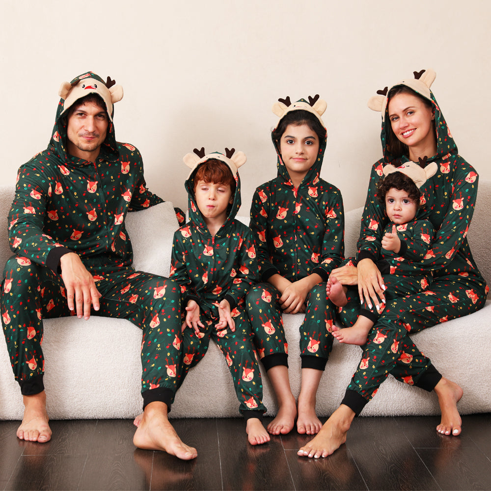 Green Fox and Christmas Llight Bulb Matching Family Christmas Pajamas Onesies