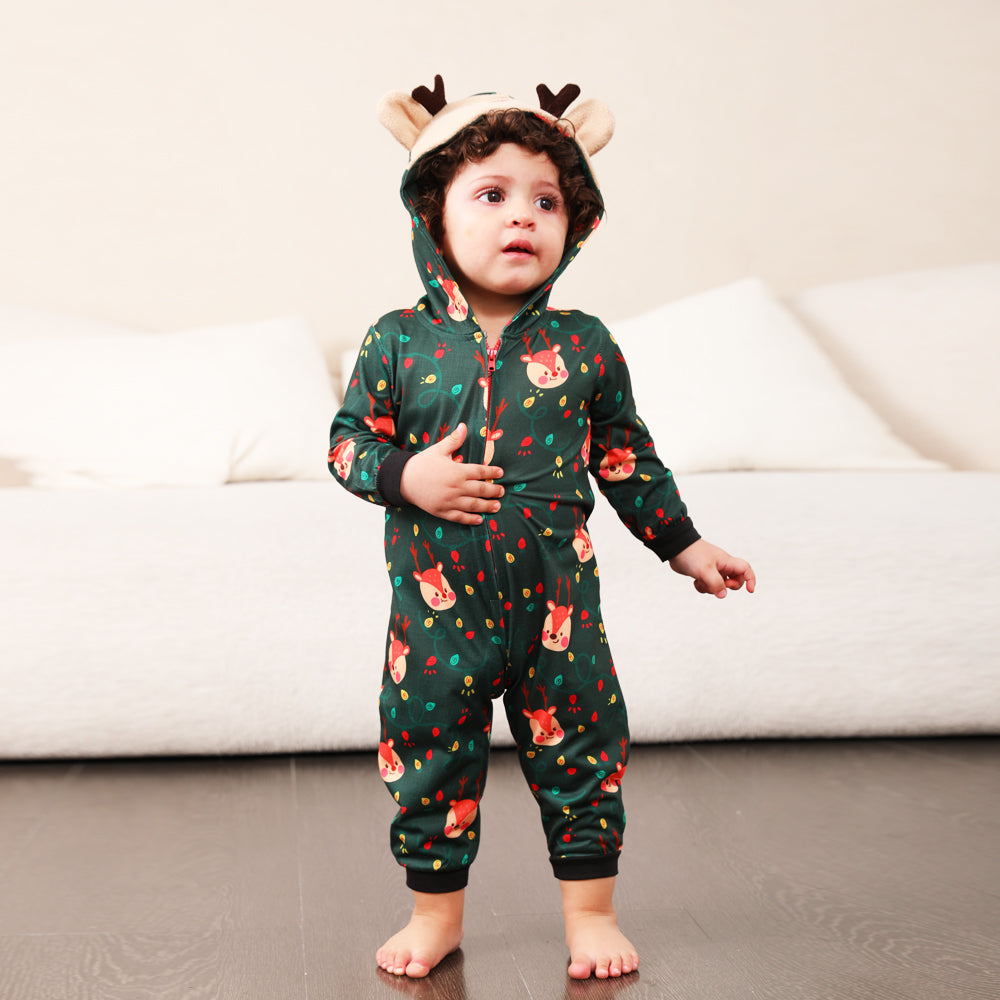 Green Fox and Christmas Llight Bulb Matching Family Christmas Pajamas Onesies