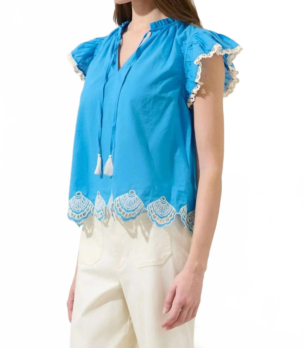 Regina Embroidered Ruffle Tassel Top In Cerulean Blue
